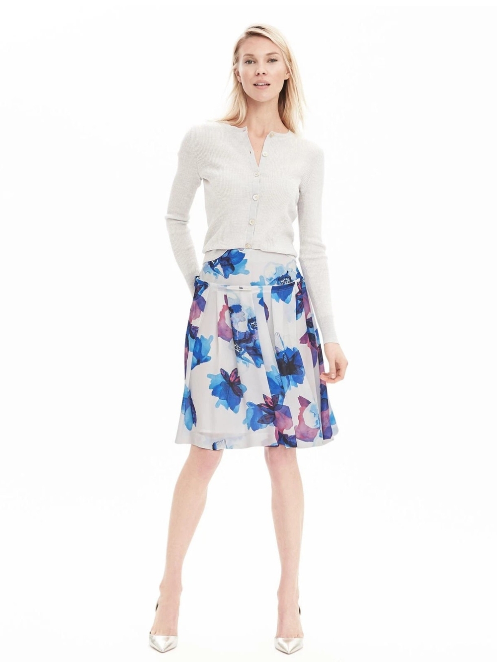 Banana Republic White A-Line Skirt with Blue & Purple Floral Print